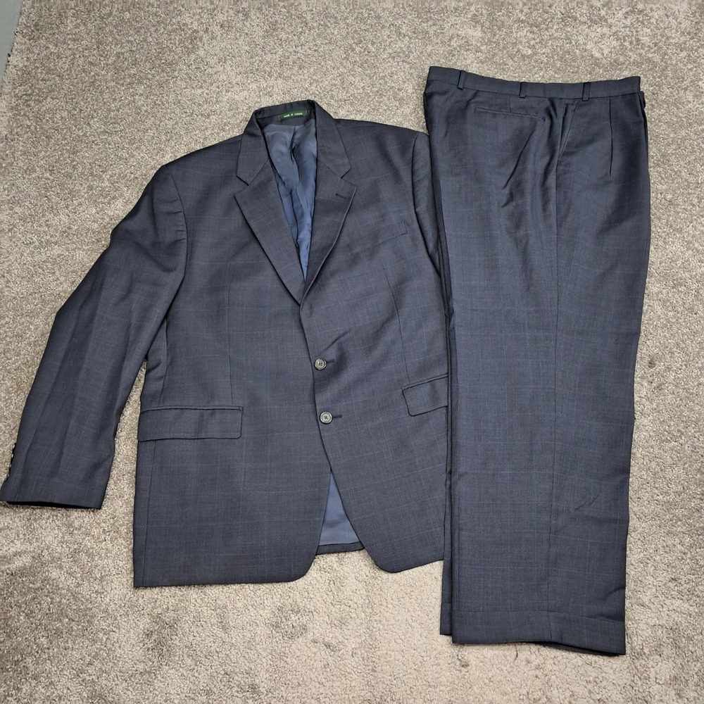 Mens Navy Blue Glen Plaid 100% Wool Two Piece Suit Made in Canada 48R 40x28
